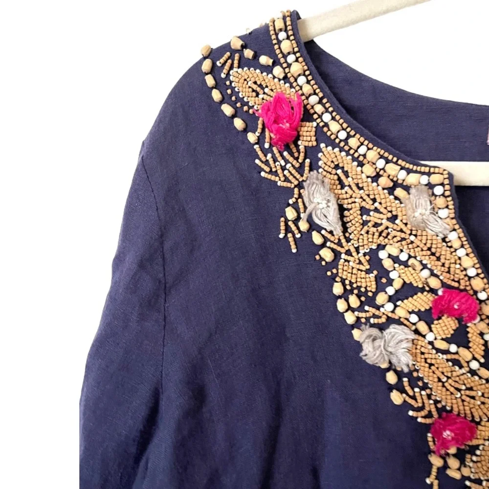 Calypso St. Barth Navy Blue Linen Wood Beaded Embroidered Tunic Top s‎ - Picture 6 of 10